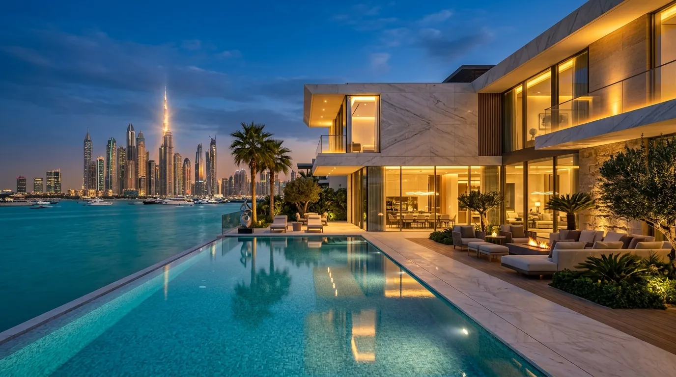 Luxury villa with pool at dusk in Dubai